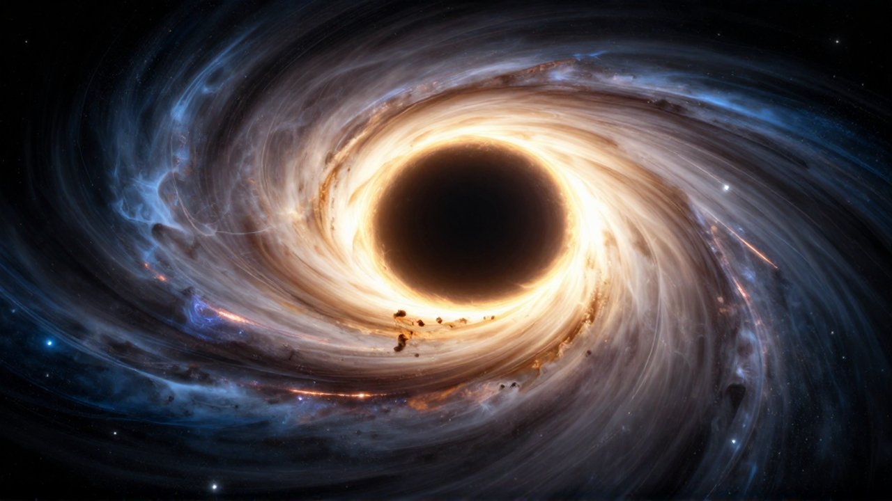 Agujero negro rodeado por un disco de acreción brillante y materia giratoria en el espacio profundo.