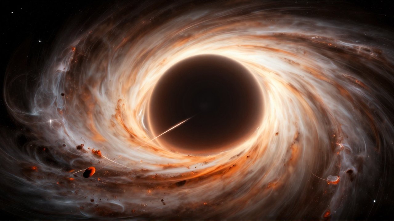 Agujero negro con un disco de gas brillante mientras un cometa es atraído hacia su centro.