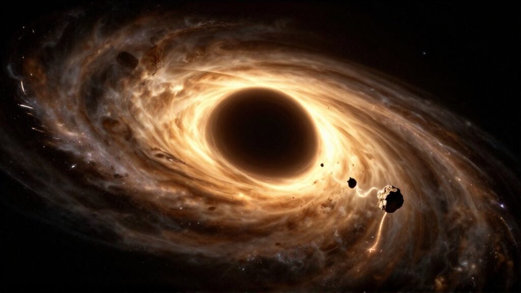 Agujero negro con un disco de gas dorado y un asteroide desintegrándose en filamentos luminosos.