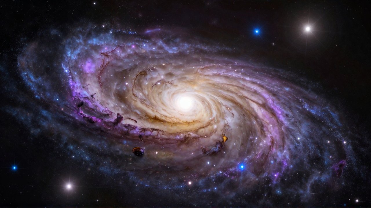 Colisión masiva de dos galaxias espirales con estelas de estrellas y nebulosas brillantes.