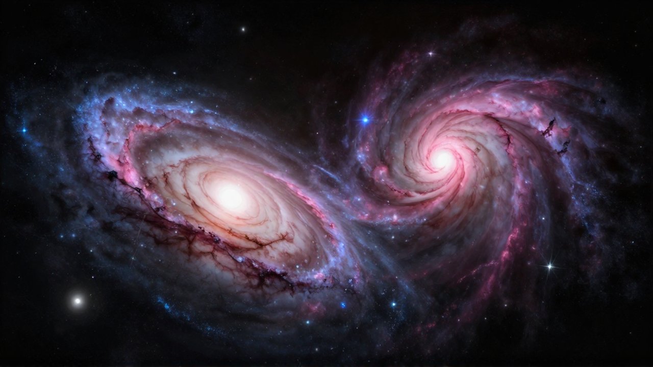 Dos galaxias espirales colisionando entre nubes de gas rosa y estelas de estrellas brillantes.