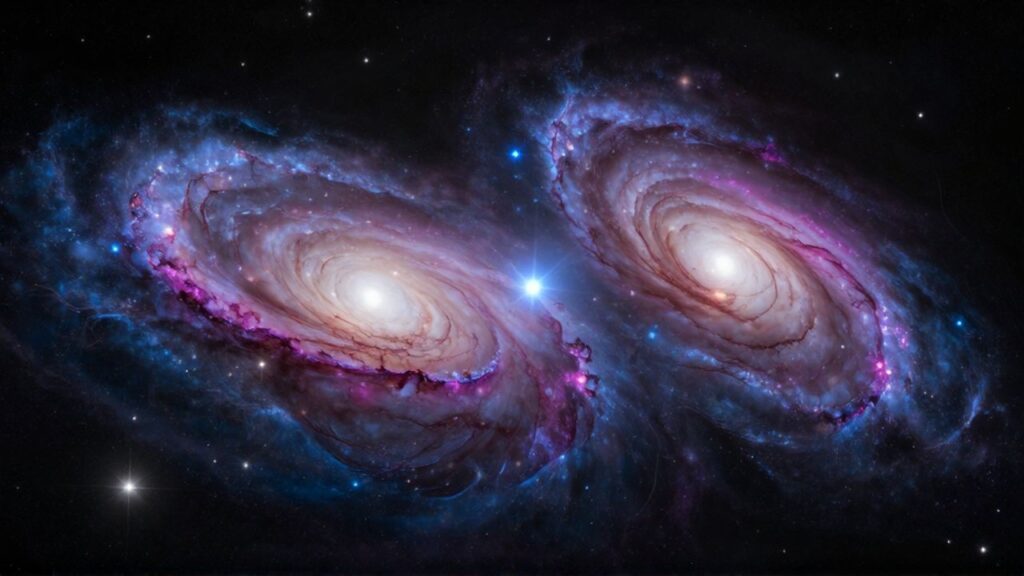 Colisión de dos galaxias espirales entre estelas de estrellas y nubes de gas brillante.