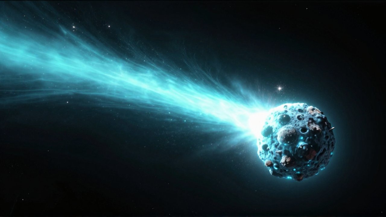 Núcleo de un cometa brillante con una extensa estela de luz cian atravesando el espacio profundo.