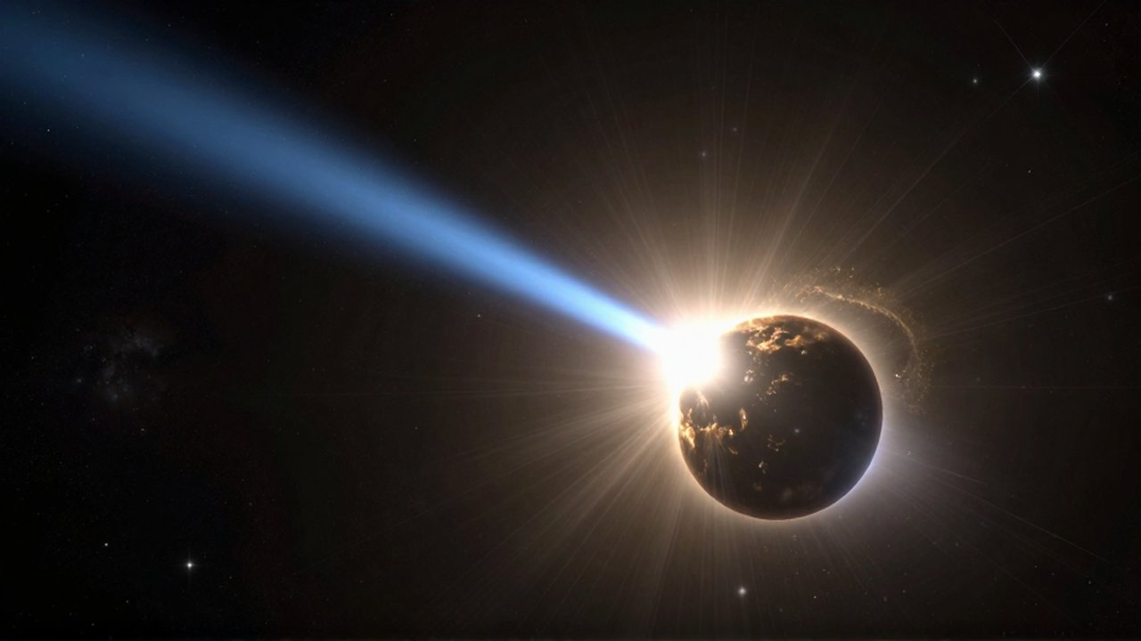 Cometa brillante con una cola azul de iones y una estela dorada de polvo entre las estrellas.