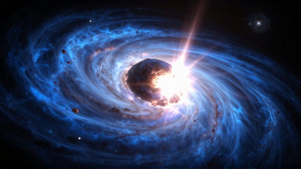 Colapso violento de una estrella supergigante azul rodeada de plasma incandescente y un disco de acreción.