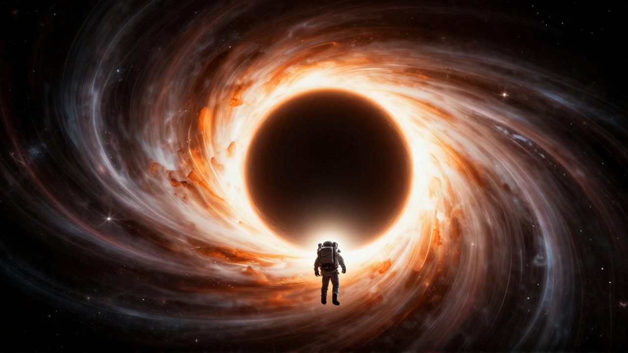 Un astronauta solitario flota ante el horizonte de un agujero negro rodeado de luz brillante.