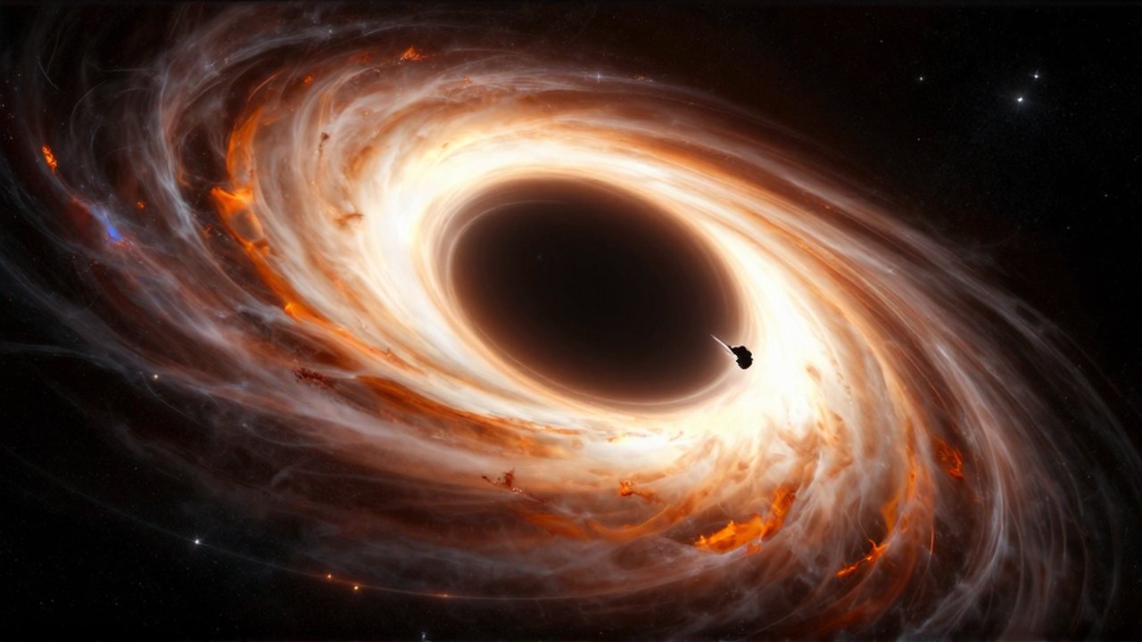 Agujero negro masivo con un disco de plasma naranja y una pequeña nave espacial acercándose.