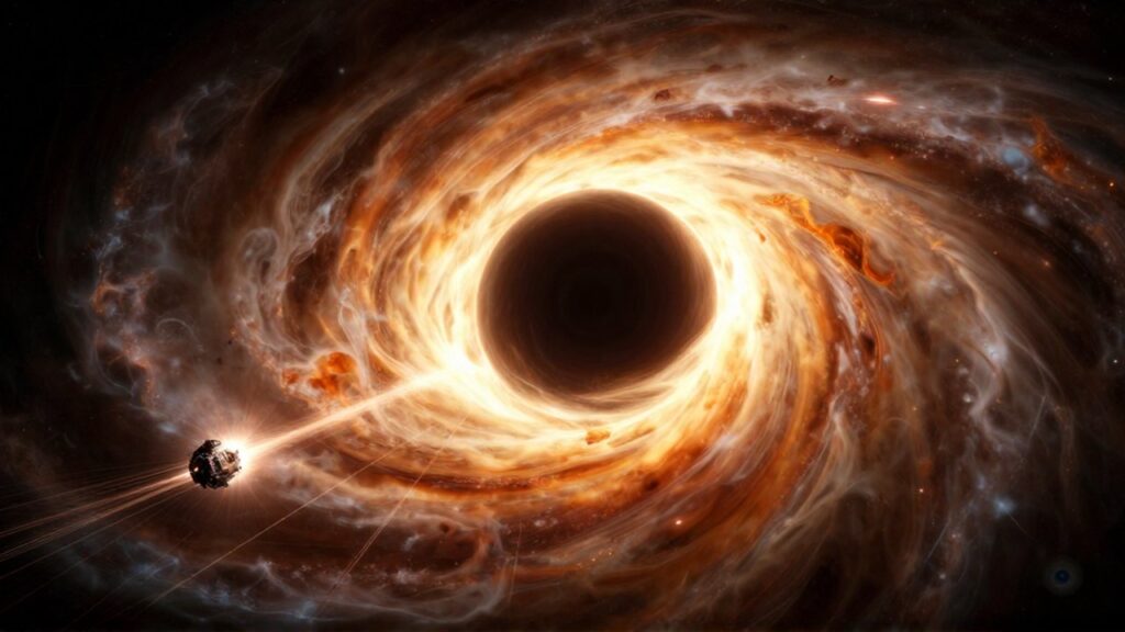 Agujero negro masivo con un disco de plasma naranja que despedaza una pequeña nave espacial.