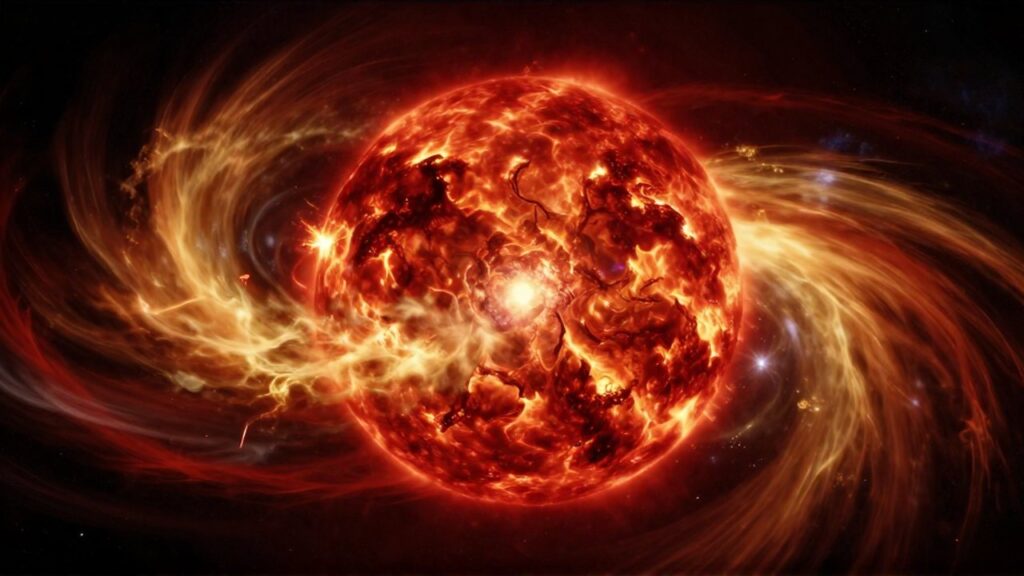 Colosal estrella roja supergigante colapsando violentamente con intensas ondas de luz dorada y carmesí.