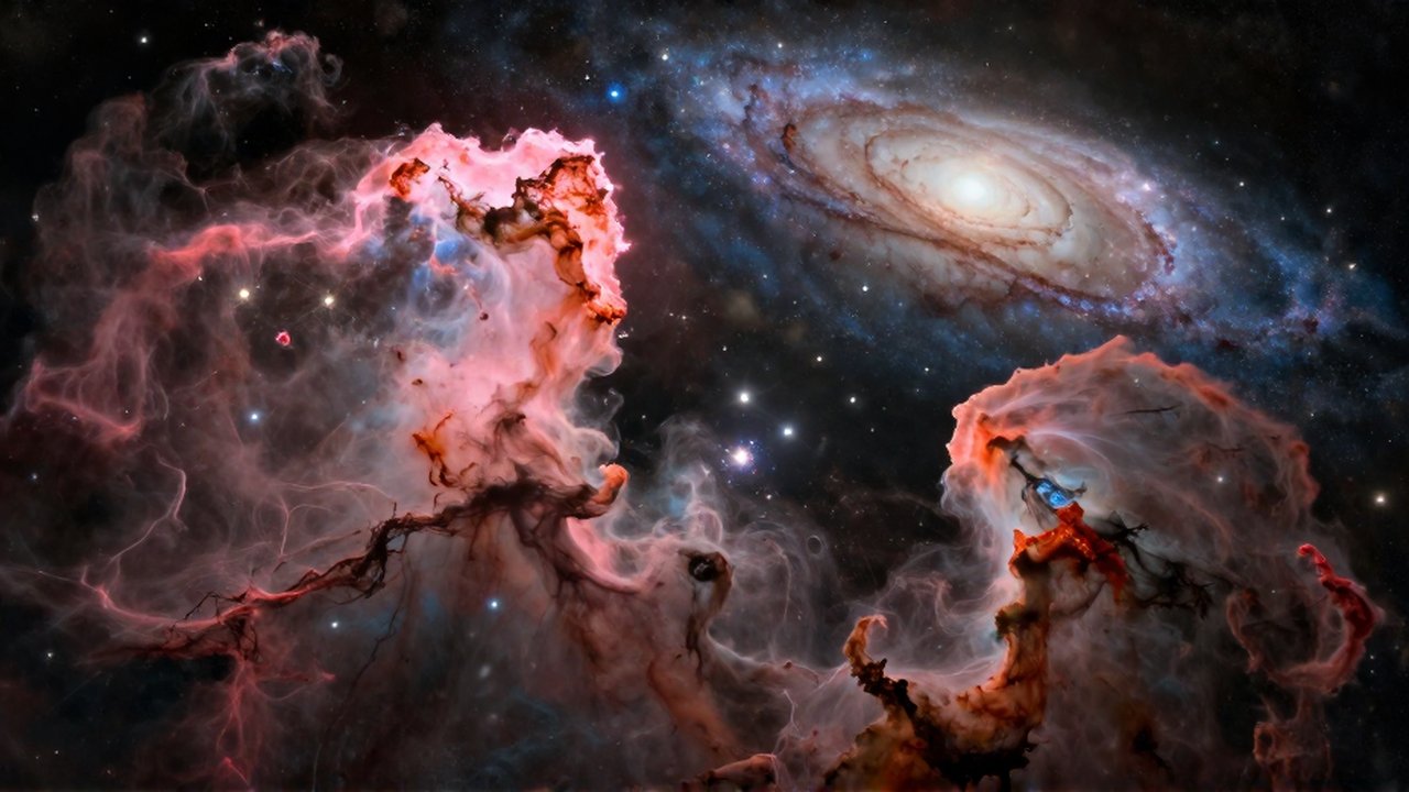 Vastas nubes de nebulosas rosadas y azules con un cúmulo estelar frente a una galaxia espiral.