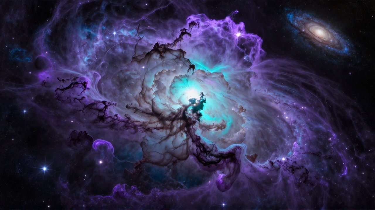 Colosal nebulosa de tonos violetas y cian con estrellas brillantes en medio de una galaxia.