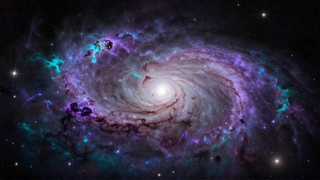 Nebulosa colosal de tonos violetas y turquesas con estrellas brillantes entre los brazos de una galaxia.