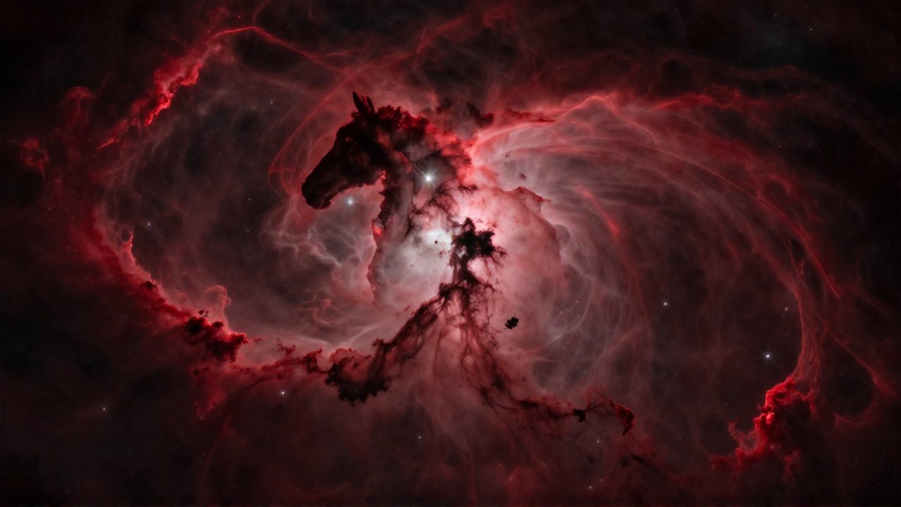 La silueta oscura de la nebulosa Cabeza de Caballo destaca entre nubes de gas rojizo en el espacio profundo.