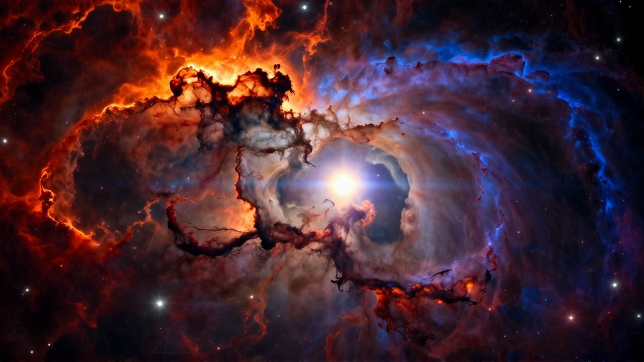 Nebulosa inmensa con nubes de gas en contrastes de naranja ardiente y azul profundo.