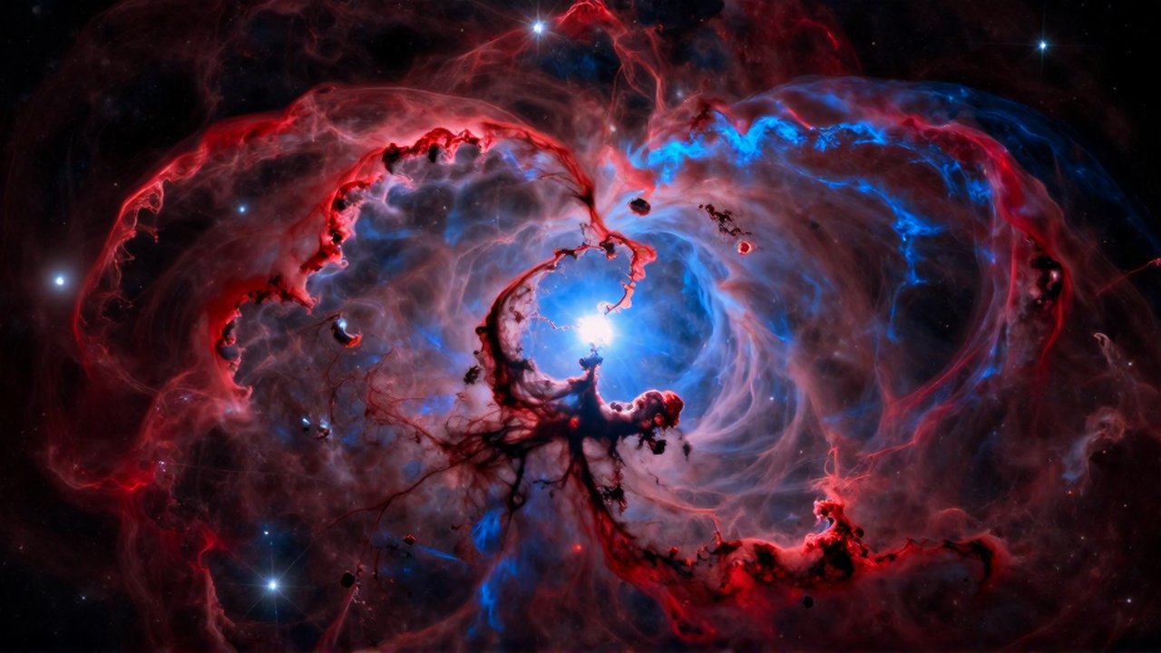 Vasta nebulosa interestelar con nubes de gas en tonos carmesí y azul rodeadas de estrellas lejanas.