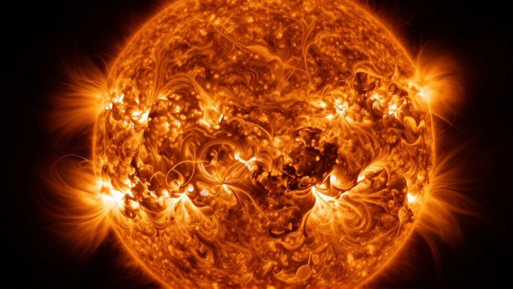 Superficie incandescente del Sol con texturas de plasma brillante y filamentos de fuego solar.