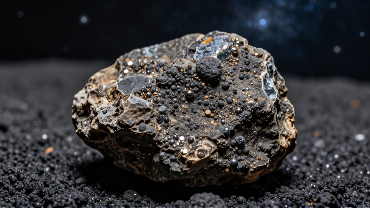 Fragmento de meteorito de condrita sobre una roca volcánica oscura con texturas minerales detalladas.