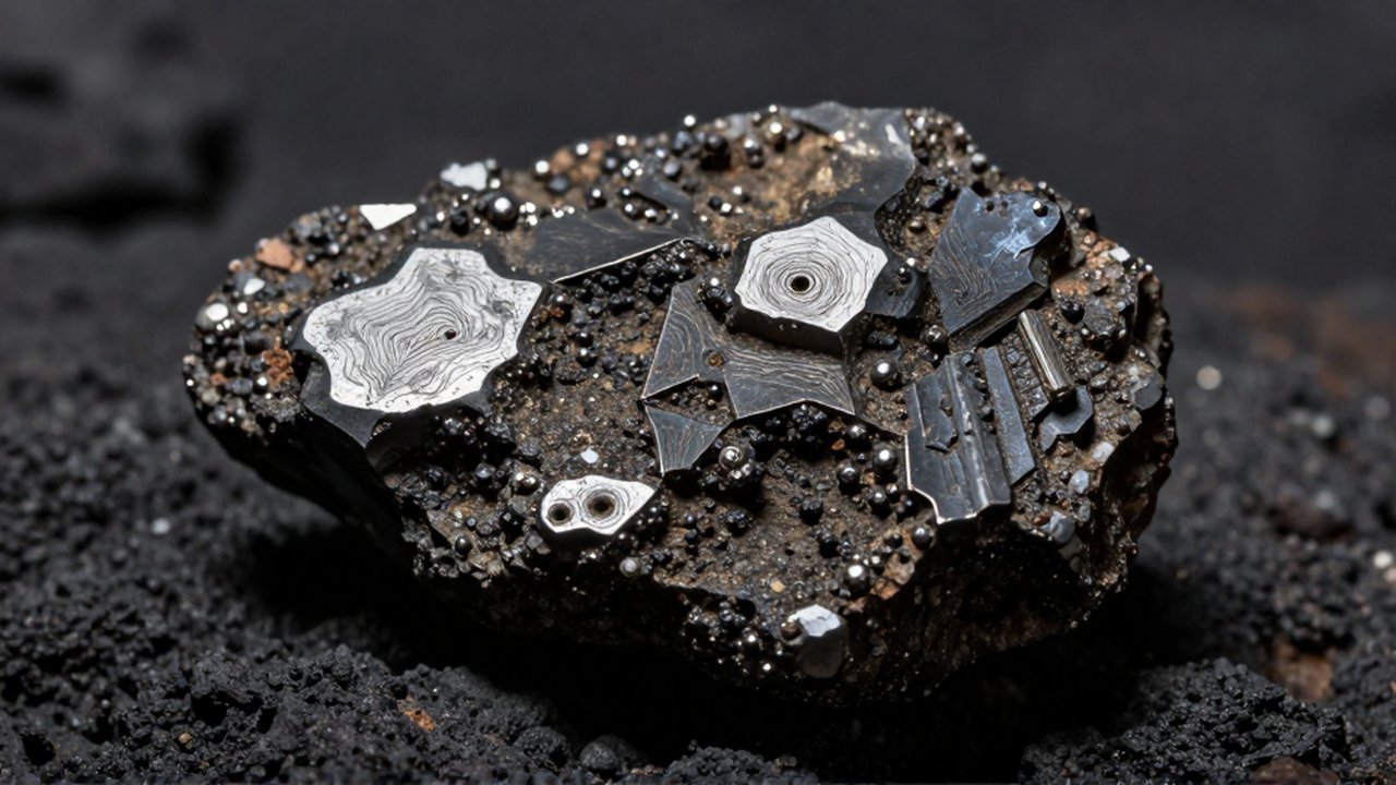 Fragmento de meteorito de hierro y piedra con patrones cristalinos sobre una roca volcánica oscura.