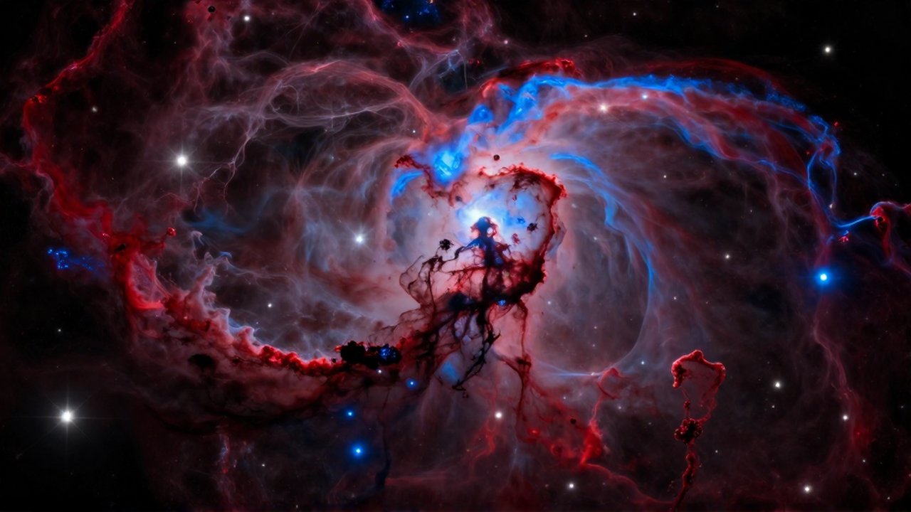 Extensa nebulosa interestelar con nubes de gas en tonos rojos y azules rodeadas de estrellas brillantes.