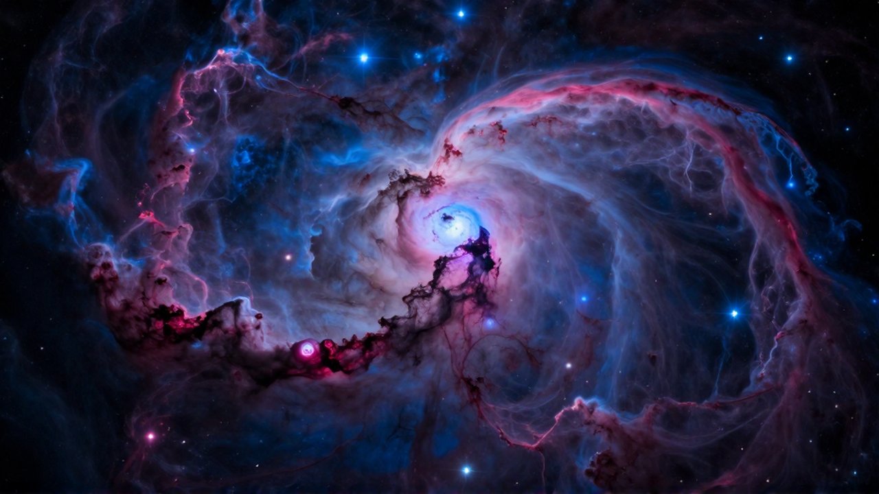 Vasta nebulosa interestelar con nubes de gas azul y magenta entre filamentos de polvo cósmico.