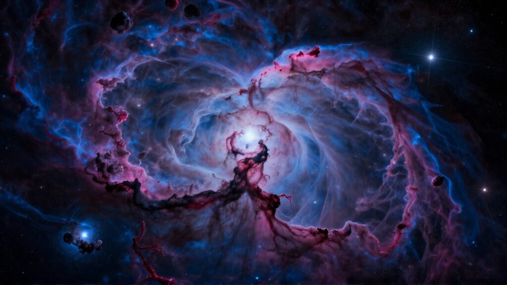 Vasta nebulosa interestelar con nubes de gas brillantes en tonos azules y magenta entre estrellas distantes.