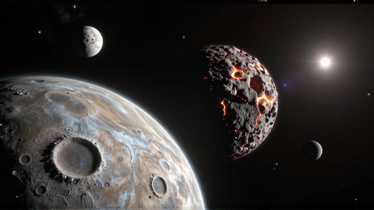 Diversos satélites naturales orbitan un gigantesco planeta gaseoso entre nebulosas y estrellas distantes.
