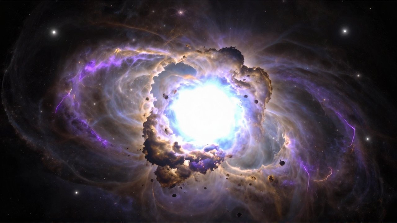 Explosión masiva de una supernova con ondas de choque de gas púrpura y dorado en el espacio profundo.