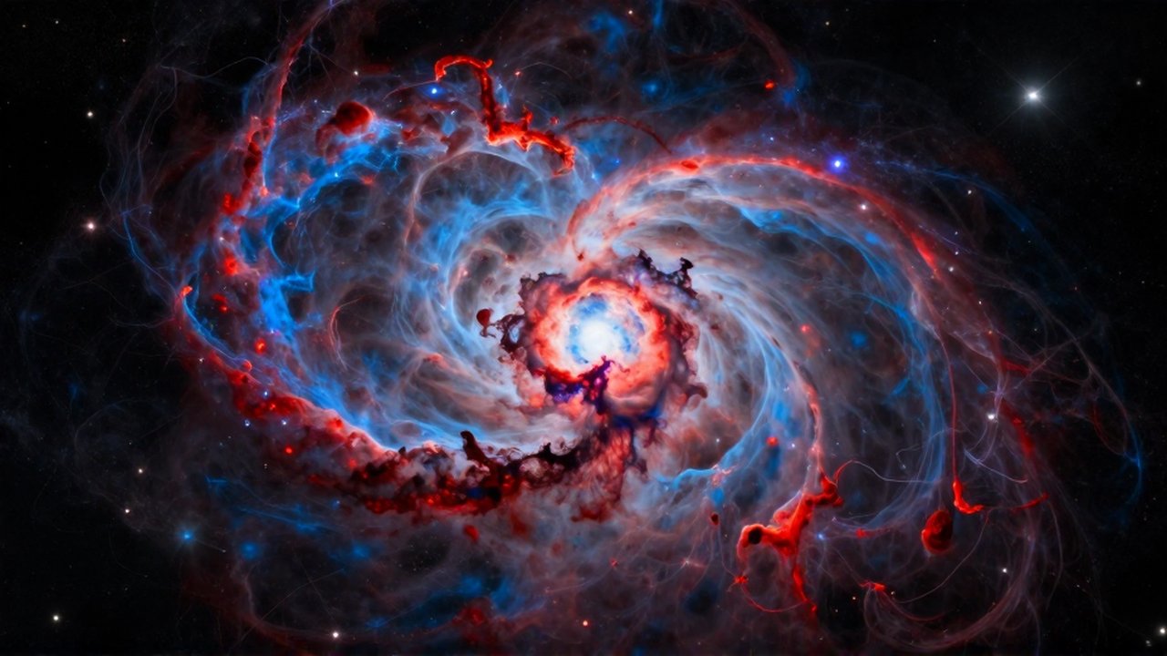 Remanente de supernova con explosiones de gases azul y carmesí en expansión por el espacio.