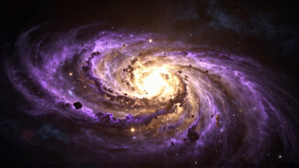 Explosión de una supernova en el espacio profundo con ondas de plasma violeta y dorado.