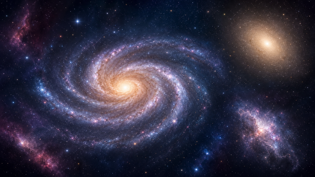 Ilustración de galaxias espirales, elípticas e irregulares en el espacio profundo.